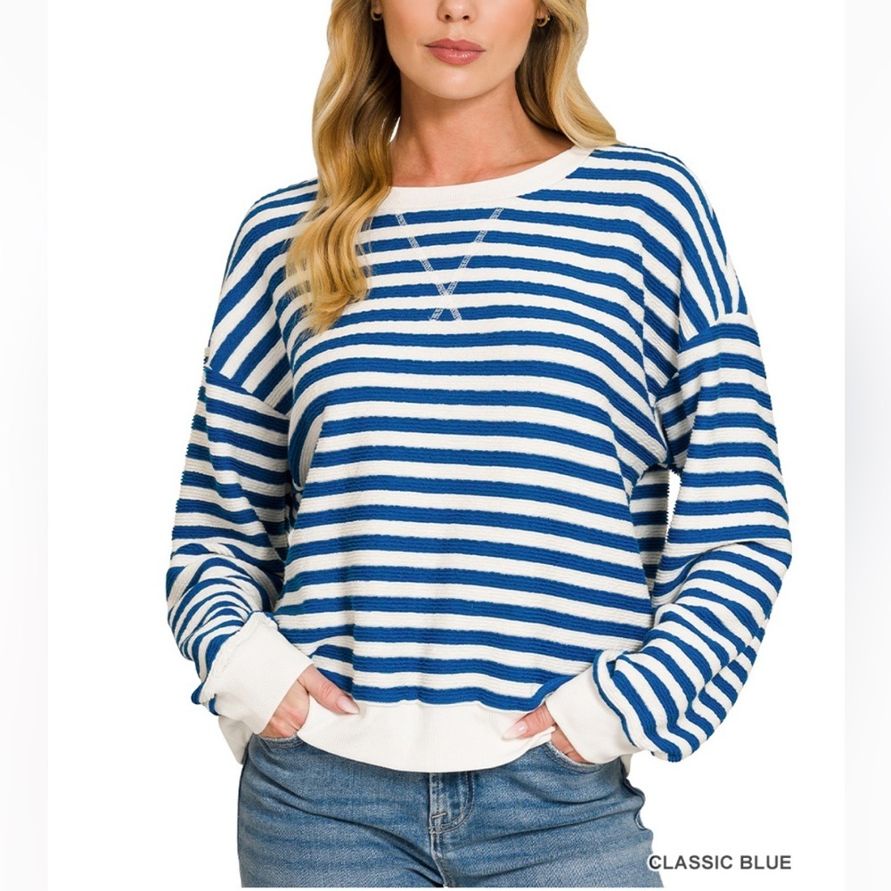 Zenana Outfitters Blue and White Striped Light Weight Sweater